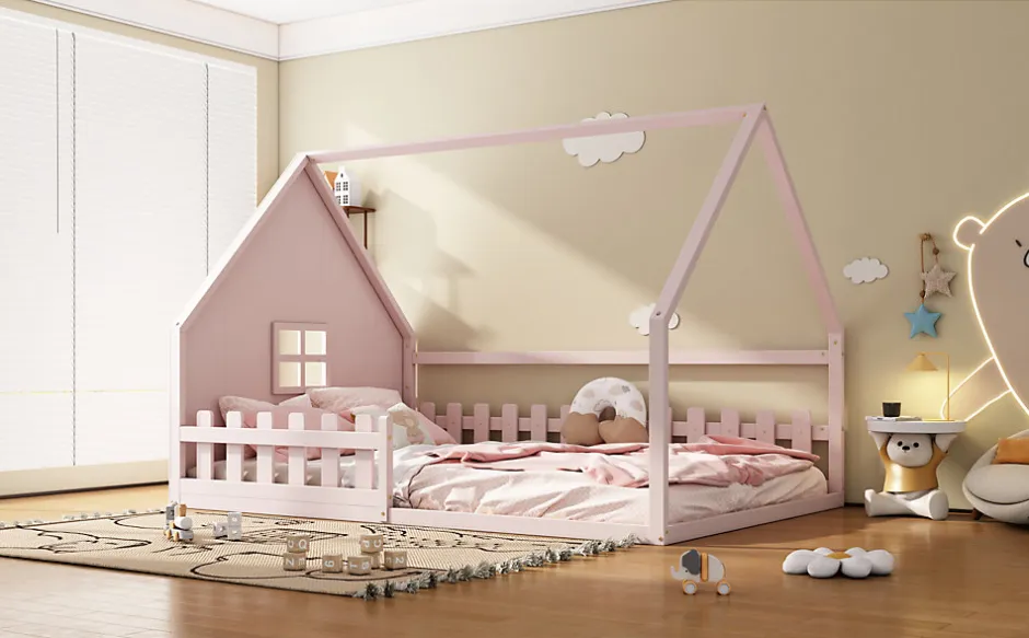 Enfant Fortuna lai Lit Plat 140x200cm, Forme Maison, Rampe, Pin, Rose