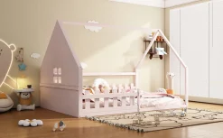 Enfant Fortuna lai Lit Plat 140x200cm, Forme Maison, Rampe, Pin, Rose