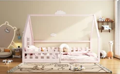 Enfant Fortuna lai Lit Plat 140x200cm, Forme Maison, Rampe, Pin, Rose