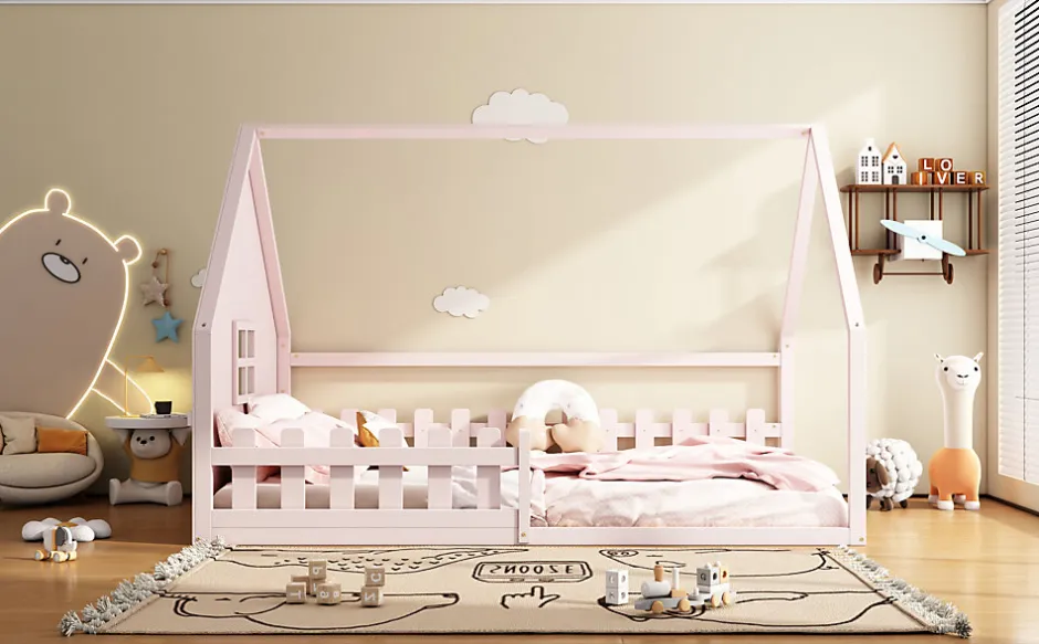 Enfant Fortuna lai Lit Plat 140x200cm, Forme Maison, Rampe, Pin, Rose