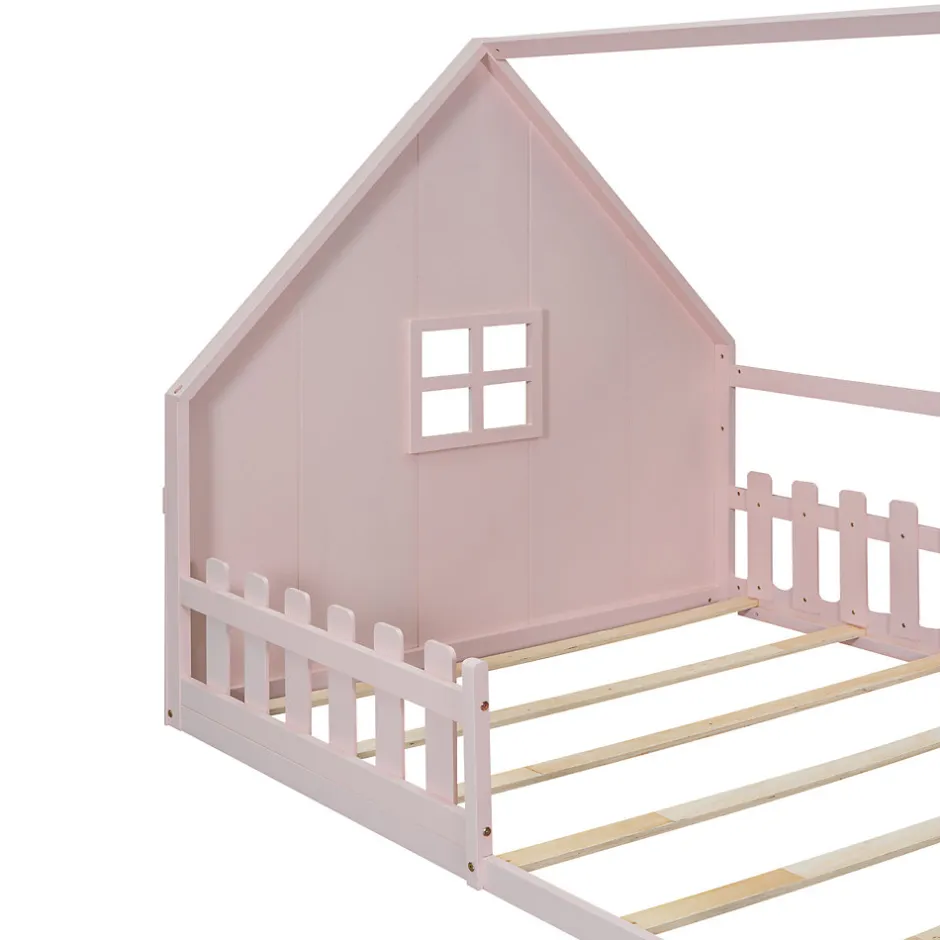 Enfant Fortuna lai Lit Plat 140x200cm, Forme Maison, Rampe, Pin, Rose