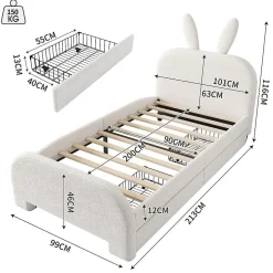 Blackcolors Lit Plat 90x200cm Laine Mouton Forme Lapin Blanc Clearance