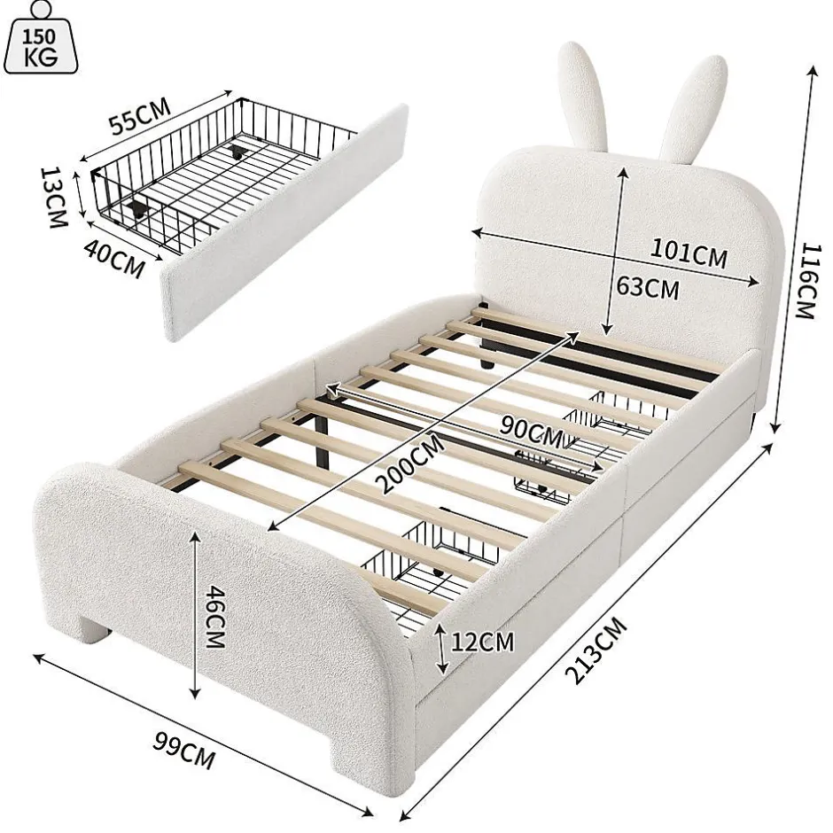Blackcolors Lit Plat 90x200cm Laine Mouton Forme Lapin Blanc Clearance