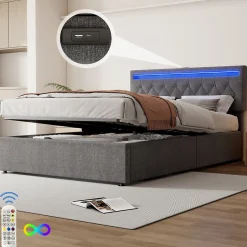 Enfant Fortuna lai Lit Plat 160x200cm, Rembourré, LED Ambiant, USB, Grande Capacité de Rangement, Blanc