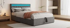 Enfant Fortuna lai Lit Plat 160x200cm, Rembourré, LED Ambiant, USB, Grande Capacité de Rangement, Blanc