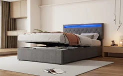 Enfant Fortuna lai Lit Plat 160x200cm, Rembourré, LED Ambiant, USB, Grande Capacité de Rangement, Blanc