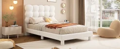 Enfant Fortuna lai Lit Plat 140x200cm, Rembourré, LED Ambiant, USB, Grande Capacité de Rangement, Blanc