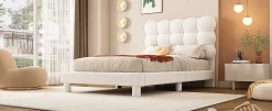 Enfant Fortuna lai Lit Plat 140x200cm, Rembourré, LED Ambiant, USB, Grande Capacité de Rangement, Blanc