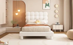 Enfant Fortuna lai Lit Plat 140x200cm, Rembourré, LED Ambiant, USB, Grande Capacité de Rangement, Blanc