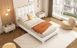Enfant Fortuna lai Lit Plat 140x200cm, Rembourré, LED Ambiant, USB, Grande Capacité de Rangement, Blanc