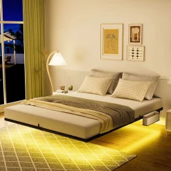 Blackcolors Lit plateforme métal 140x200 cm, style japonais, LED, sans tête de lit - noir
