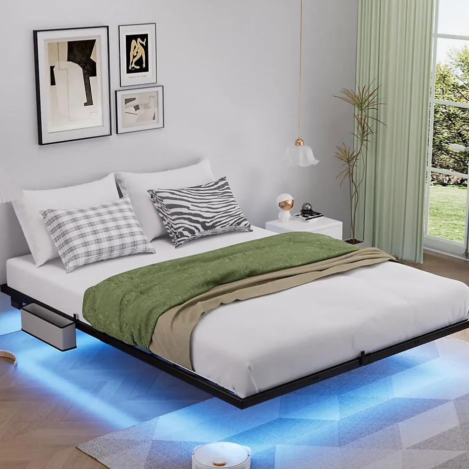 Blackcolors Lit plateforme métal 160x200 cm, style japonais, LED, sans tête de lit - noir