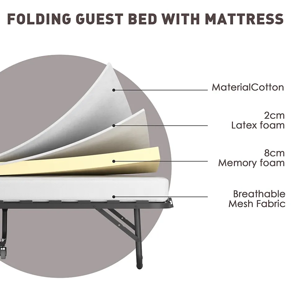 Teeno Lit Pliant 90x190 CM avec Matelas de 10cm, Lit Pliable 1 Personne Adulte, 4 roulettes, 2 Min Assembler Outlet