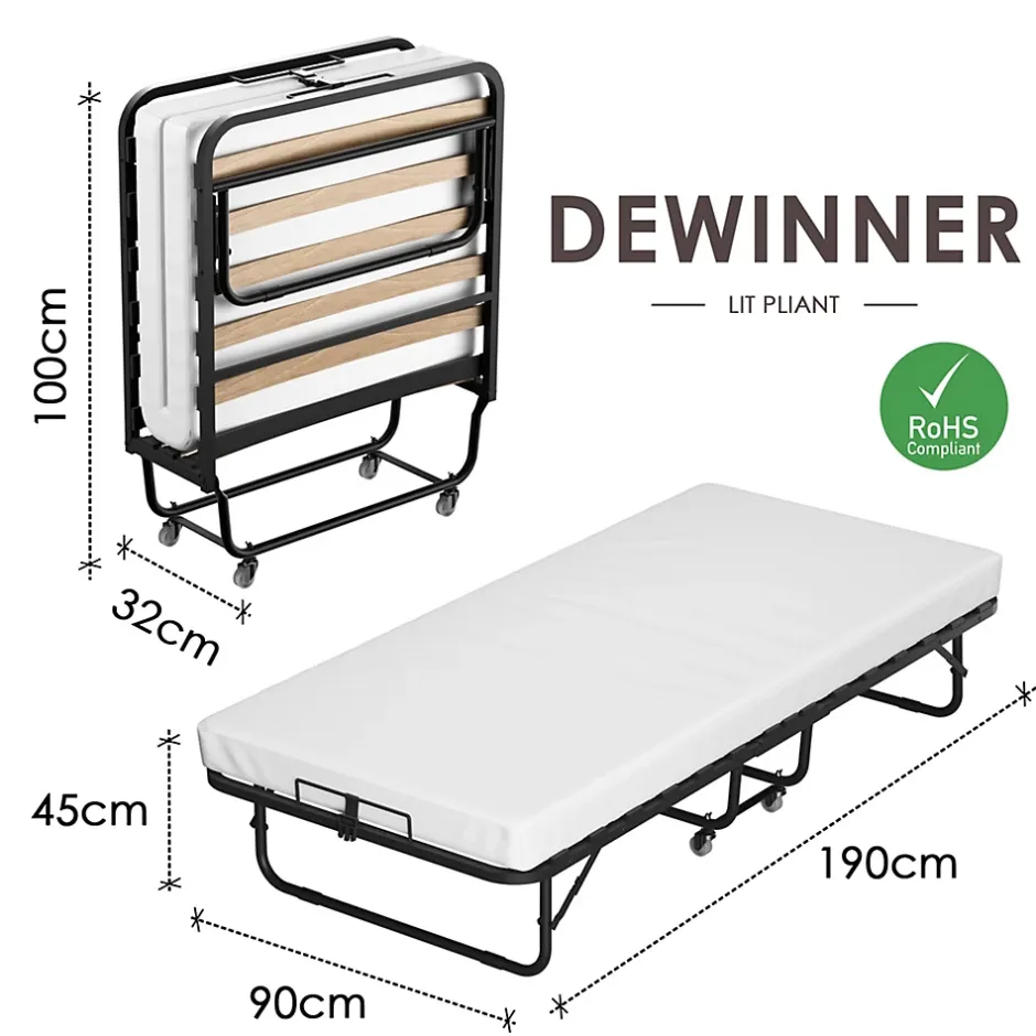 Teeno Lit Pliant 90x190 CM avec Matelas de 10cm, Lit Pliable 1 Personne Adulte, 4 roulettes, 2 Min Assembler Outlet