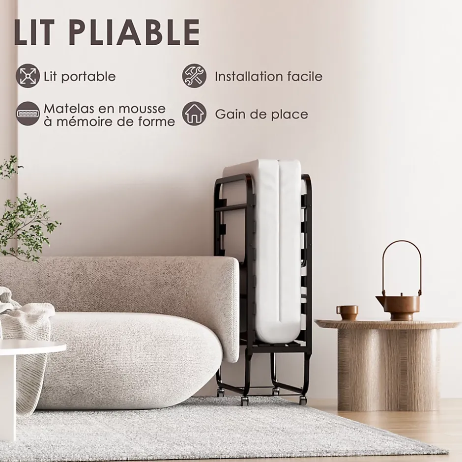 Teeno Lit Pliant 90x190 CM avec Matelas de 10cm, Lit Pliable 1 Personne Adulte, 4 roulettes, 2 Min Assembler Outlet