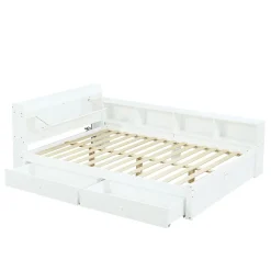 Fortuna lai Lit Polster 140x200 cm avec rangement latéral, 2 lampes, prise USB, bois blanc, moderne