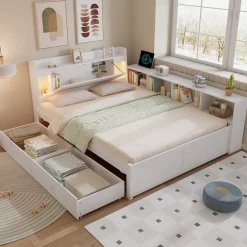Fortuna lai Lit Polster 140x200 cm avec rangement latéral, 2 lampes, prise USB, bois blanc, moderne