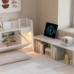 Fortuna lai Lit Polster 90x200 cm avec rangement latéral, 2 lampes, prise USB, bois blanc, design pratique Hot
