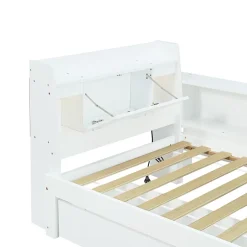 Fortuna lai Lit Polster 90x200 cm avec rangement latéral, 2 lampes, prise USB, bois blanc, design pratique Hot