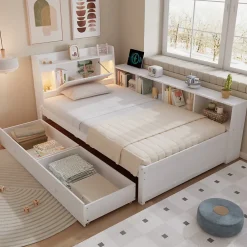 Fortuna lai Lit Polster 90x200 cm avec rangement latéral, 2 lampes, prise USB, bois blanc, design pratique Hot