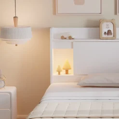 Fortuna lai Lit Polster 90x200 cm avec rangement latéral, 2 lampes, prise USB, bois blanc, design pratique Hot