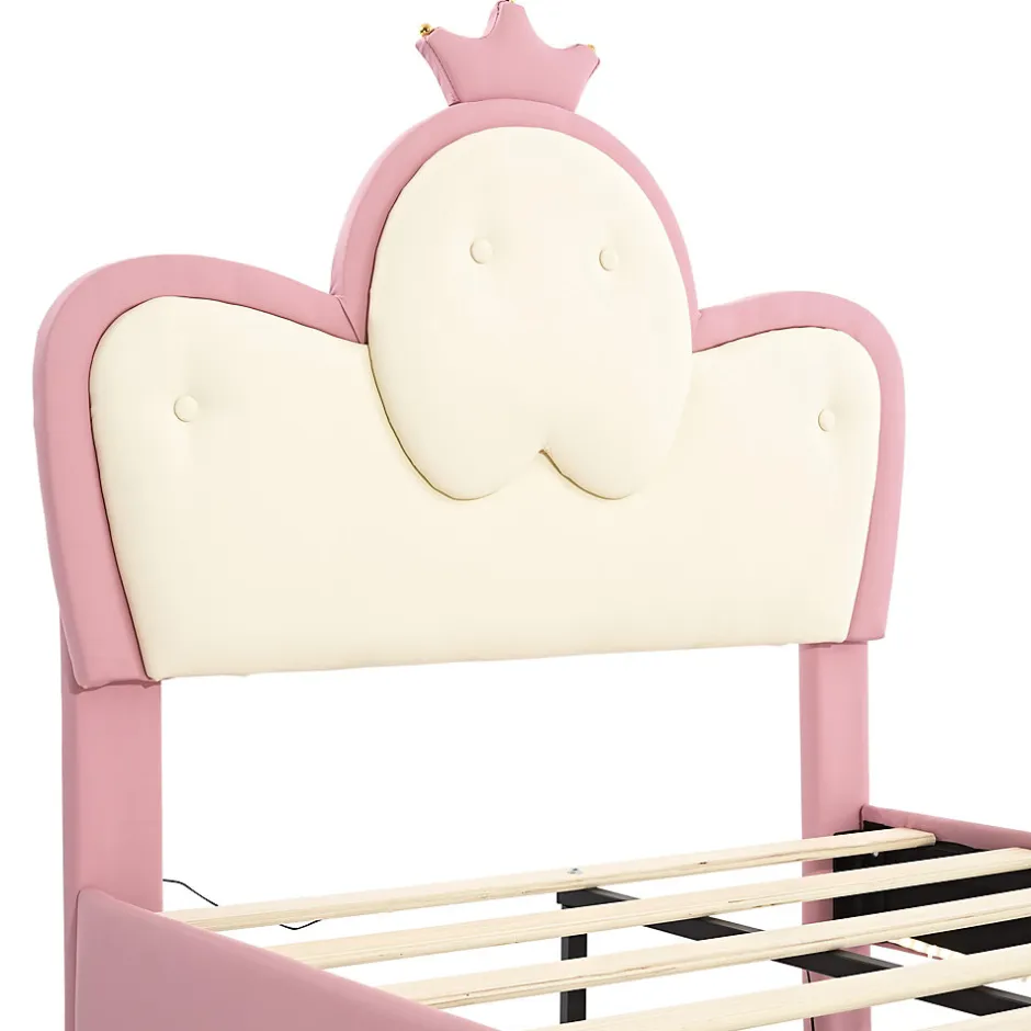 Enfant Fortuna lai Lit Polster 90x200 cm, tête couronne, LED, cadre métal, rose,blanc