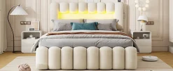 Enfant Fortuna lai Lit Polster 160x200cm, Avec LED, USB, Stéréo, 4 Tiroirs, Beige