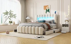 Enfant Fortuna lai Lit Polster 160x200cm, Avec LED, USB, Stéréo, 4 Tiroirs, Beige