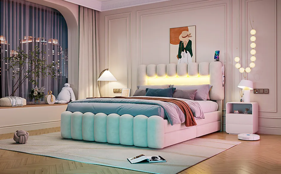 Enfant Fortuna lai Lit Polster 160x200cm, Avec LED, USB, Stéréo, 4 Tiroirs, Beige