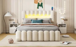 Enfant Fortuna lai Lit Polster 160x200cm, Avec LED, USB, Stéréo, 4 Tiroirs, Beige