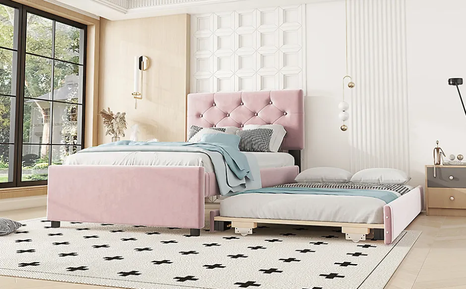 Enfant Fortuna lai Lit Polster 90x200cm, Avec Tiroirs, Samt, Design Minimaliste, Rose