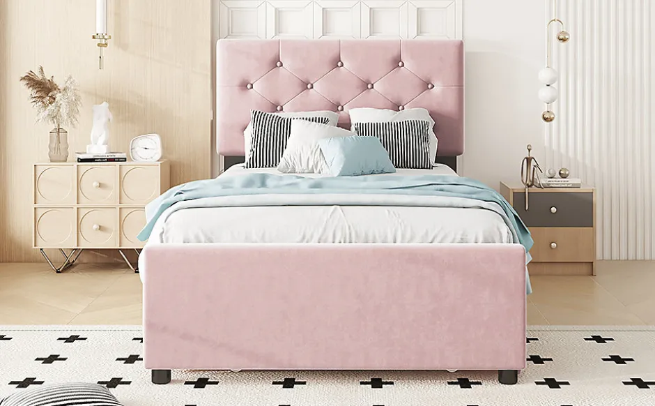 Enfant Fortuna lai Lit Polster 90x200cm, Avec Tiroirs, Samt, Design Minimaliste, Rose