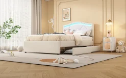 Enfant Fortuna lai Lit Polster 90x200cm, Éclairage Ambiant, Tiroirs, Tête Réglable, Lin, Beige
