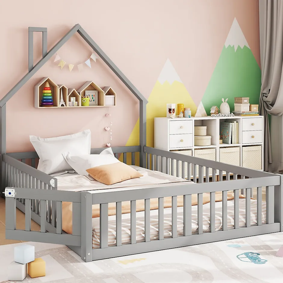 Enfant Fortuna lai Lit Polster 140x190cm, Lit Enfant, Maison, Tête Réglable, Pin, Gris