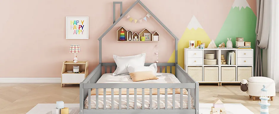 Enfant Fortuna lai Lit Polster 140x190cm, Lit Enfant, Maison, Tête Réglable, Pin, Gris