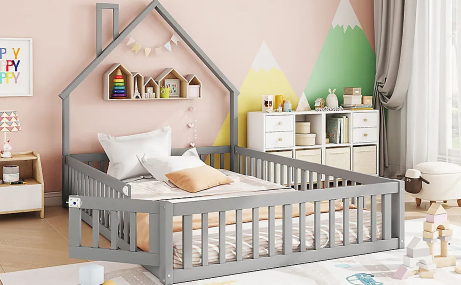 Enfant Fortuna lai Lit Polster 140x190cm, Lit Enfant, Maison, Tête Réglable, Pin, Gris
