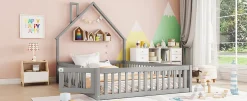 Enfant Fortuna lai Lit Polster 140x190cm, Lit Enfant, Maison, Tête Réglable, Pin, Gris
