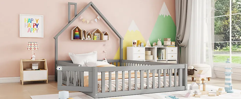 Enfant Fortuna lai Lit Polster 140x190cm, Lit Enfant, Maison, Tête Réglable, Pin, Gris
