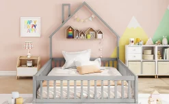 Enfant Fortuna lai Lit Polster 140x190cm, Lit Enfant, Maison, Tête Réglable, Pin, Gris