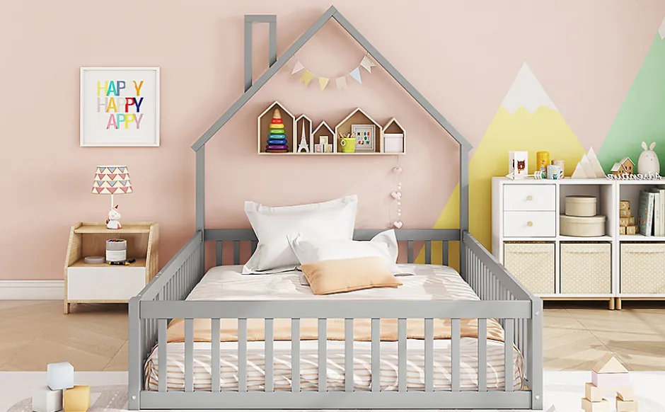 Enfant Fortuna lai Lit Polster 140x190cm, Lit Enfant, Maison, Tête Réglable, Pin, Gris