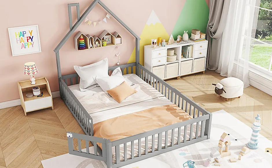 Enfant Fortuna lai Lit Polster 140x190cm, Lit Enfant, Maison, Tête Réglable, Pin, Gris
