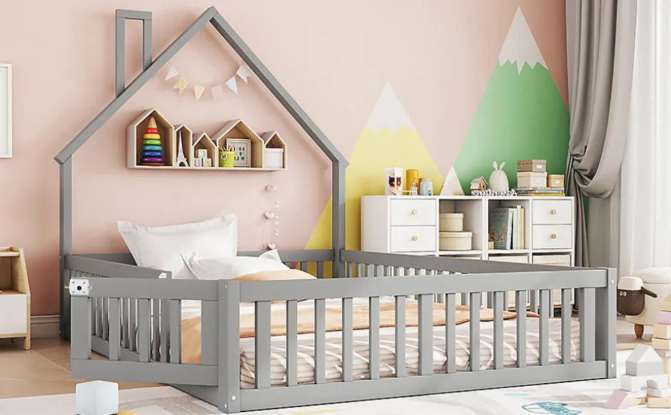 Enfant Fortuna lai Lit Polster 140x190cm, Lit Enfant, Maison, Tête Réglable, Pin, Gris