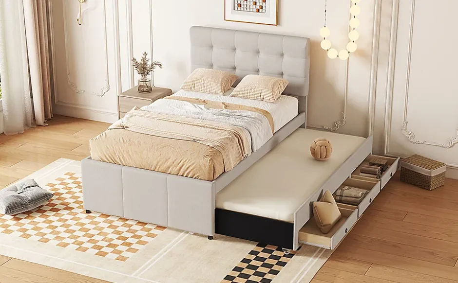 Fortuna lai Lit Polster 90x200cm, Lit Familial, Tiroirs, Lit Escamotable, Tête Réglable, Beige Online