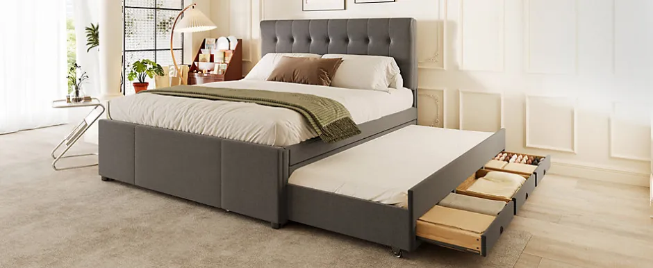 Enfant Fortuna lai Lit Polster 140x200cm, Lit Familial, Tête Réglable, Grand Rangement, Gris