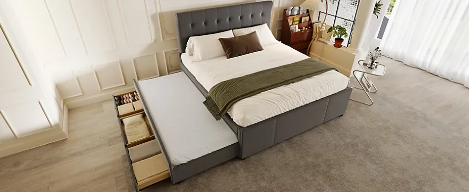 Enfant Fortuna lai Lit Polster 140x200cm, Lit Familial, Tête Réglable, Grand Rangement, Gris