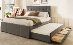 Enfant Fortuna lai Lit Polster 140x200cm, Lit Familial, Tête Réglable, Grand Rangement, Gris
