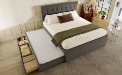 Enfant Fortuna lai Lit Polster 140x200cm, Lit Familial, Tête Réglable, Grand Rangement, Gris