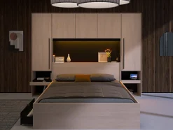 Vente-unique Lit pont 160 x 200 cm avec rangements - Avec LEDs - Coloris : Naturel et noir - VELONA