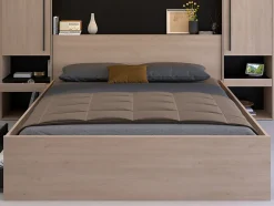 Vente-unique Lit pont 160 x 200 cm avec rangements - Avec LEDs - Coloris : Naturel et noir - VELONA