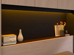 Vente-unique Lit pont 160 x 200 cm avec rangements - Avec LEDs - Coloris : Naturel et noir - VELONA